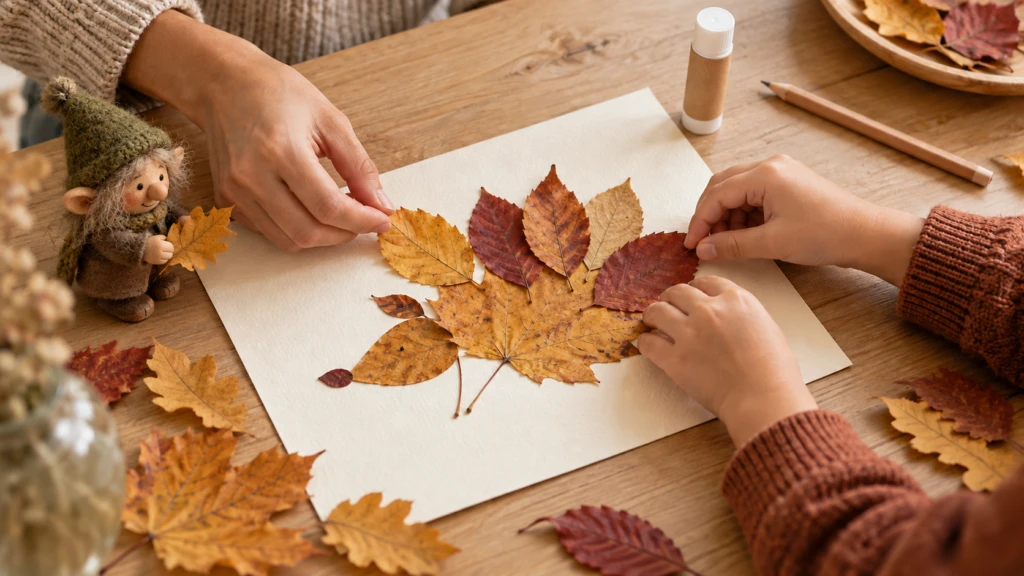 Hände gestalten gemeinsam ein Bild aus Herbstblättern; der kleine Troll sitzt daneben.