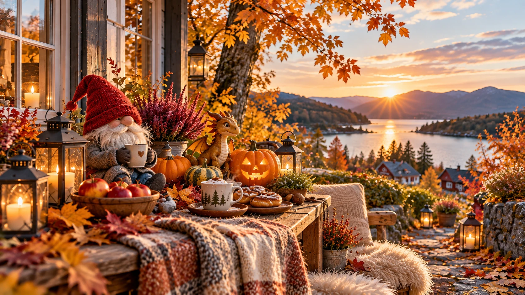 Herbstliche Terrasse am Fjord mit Nisse, kleinem Drachen, Kürbissen und warmem Licht.