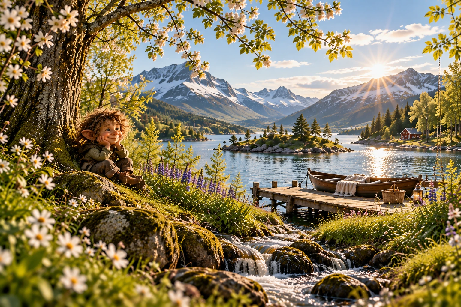 Frühlingslandschaft mit Blüten und hellem Licht