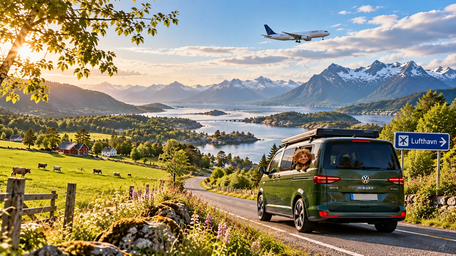 Grüner Van auf einer nordischen Straße mit Bergen, Wasser und Flugzeug