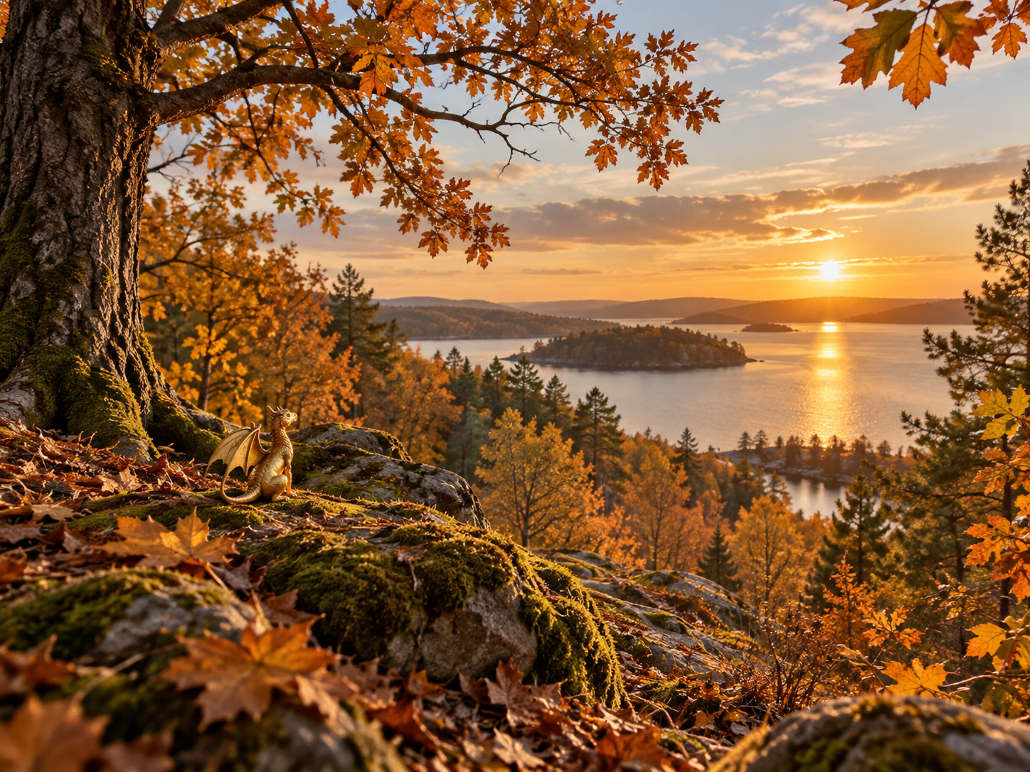 Herbstlandschaft im goldenen Licht mit kleinem goldenen Drachen