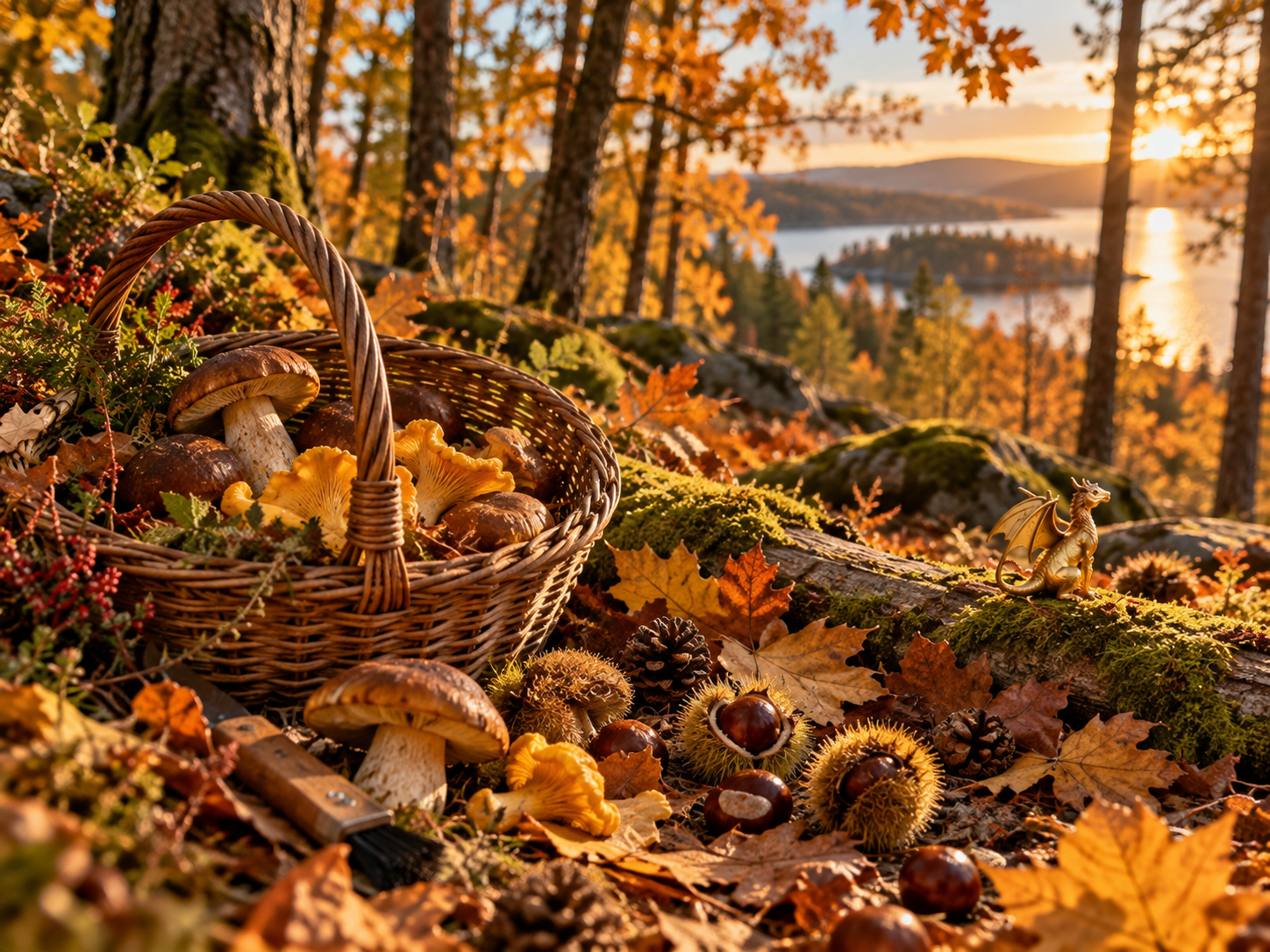 Herbstliche Waldfunde mit Pilzen, Kastanien und Naturmaterialien