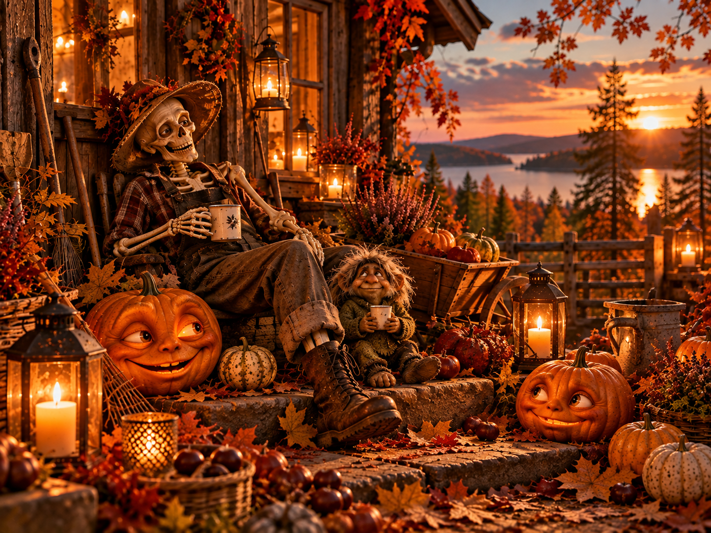 Herbstliche Kürbis- und Halloween-Szene mit Skelett, Troll und Kürbissen