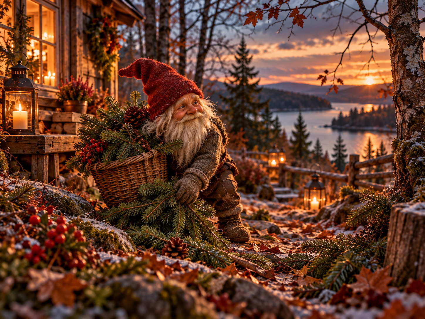 Nisse sammelt Tannengrün am Übergang zur Vorweihnachtszeit