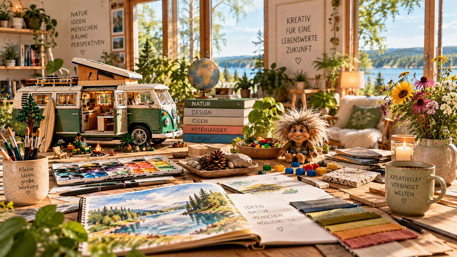 Warme kreative Szene mit großem Bau-Camper, nordischem Troll und verschiedenen Materialien