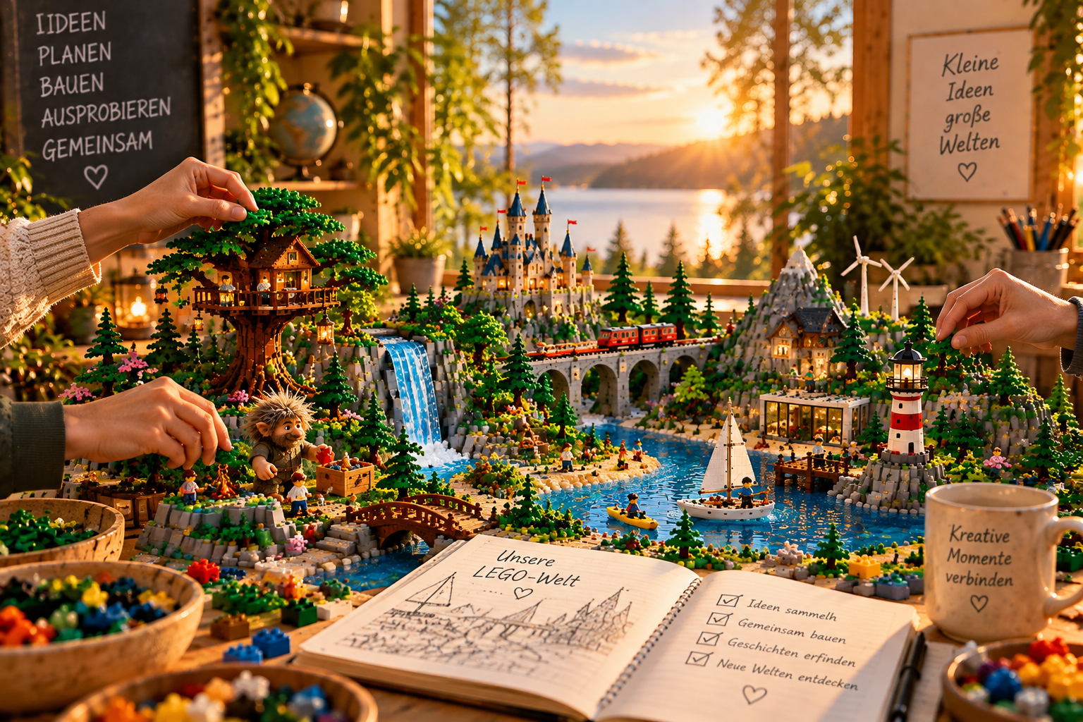 Gemeinsam gestaltete LEGO-Welt mit Landschaft, Gebäuden und kleinem Francis-Rise-Troll