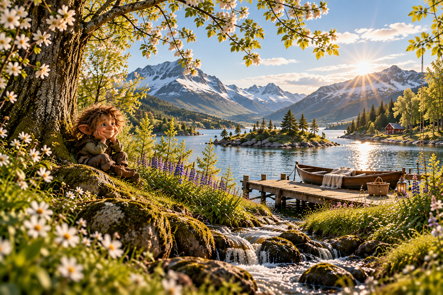Frühlingslandschaft mit Blüten und hellem Licht
