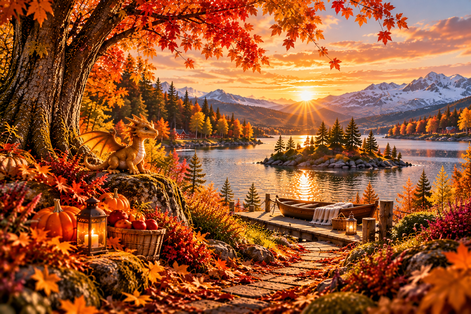 Goldene Herbstlandschaft mit warmer und gemütlicher Stimmung