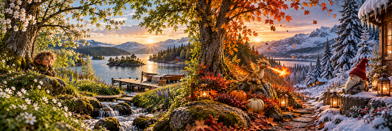 Panorama der vier Jahreszeiten mit Frühling, Sommer, Herbst und Winter