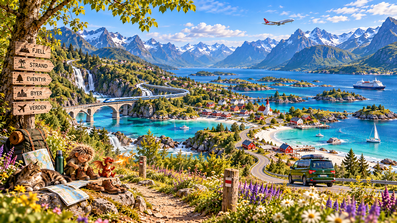 Nordisches Reisepanorama mit Wanderweg, Troll, Zug, Van, Küste und Flugzeug