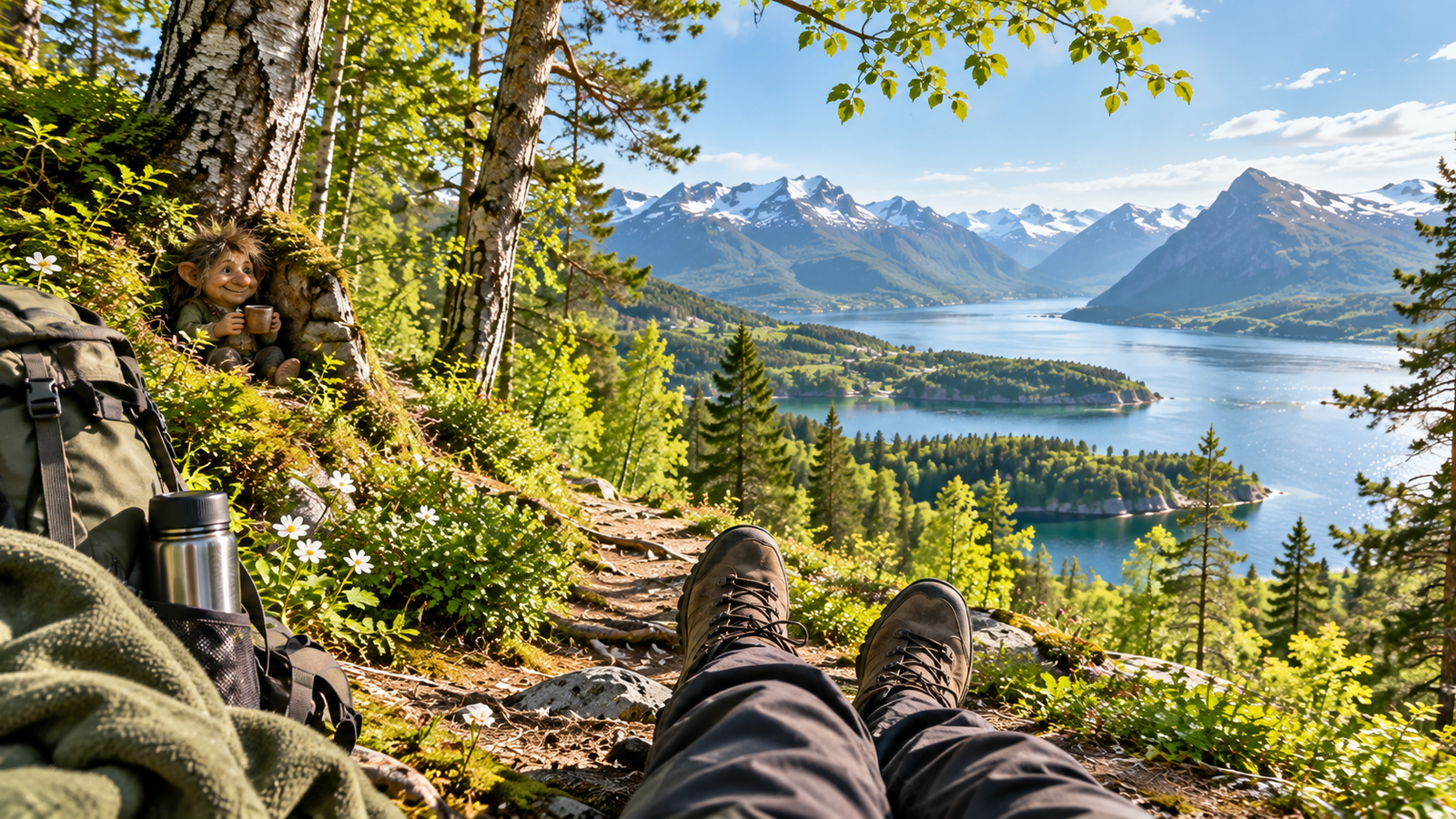 Wanderpause mit Rucksack, Troll, Bergen und Fjord