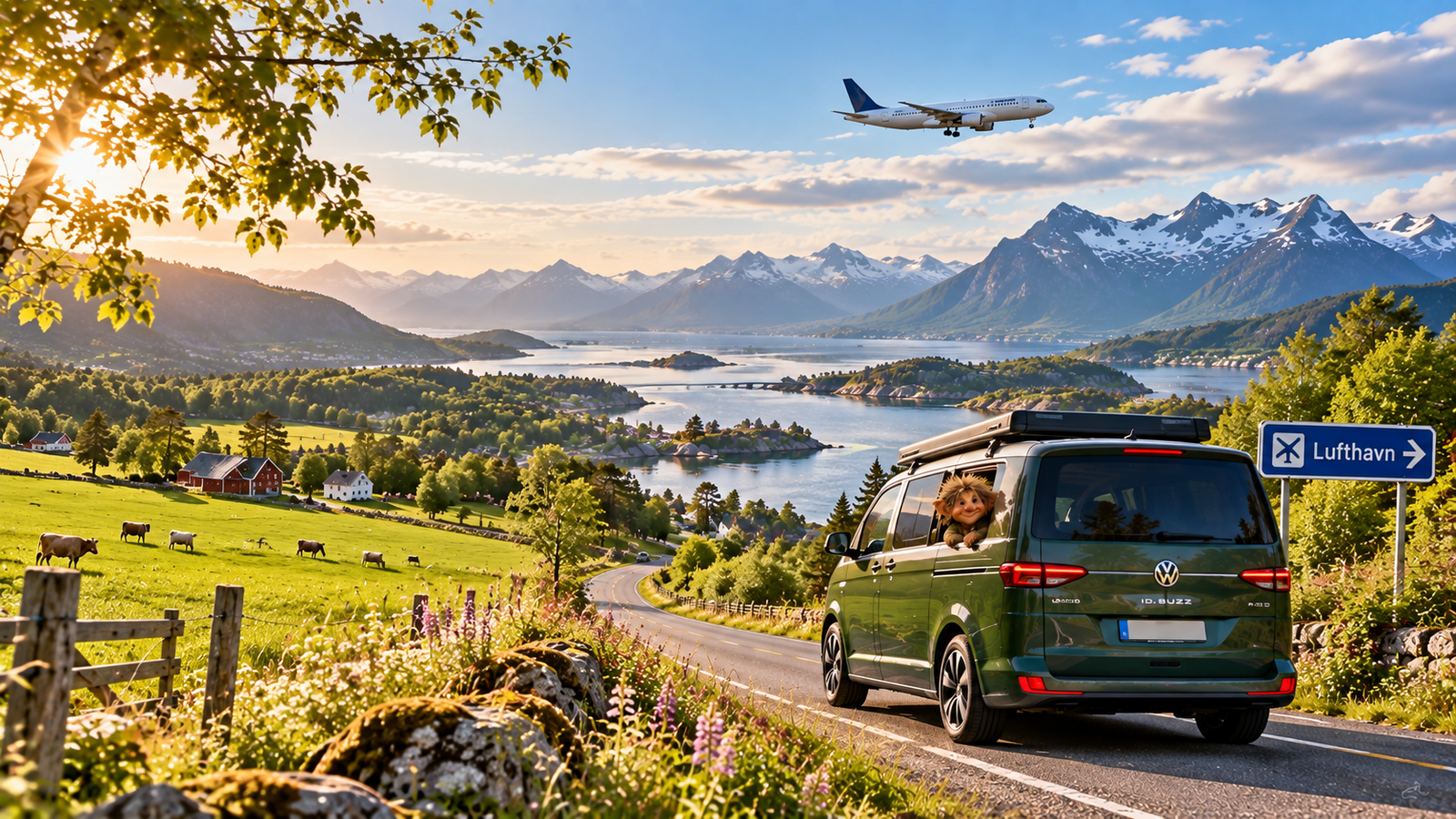 Grüner Van auf einer nordischen Straße mit Bergen, Wasser und Flugzeug