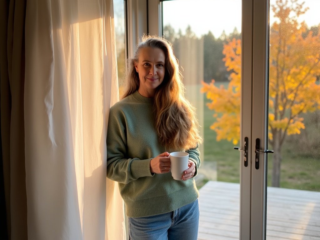 Francisca mit einer Tasse am Fenster im warmen Herbstlicht
