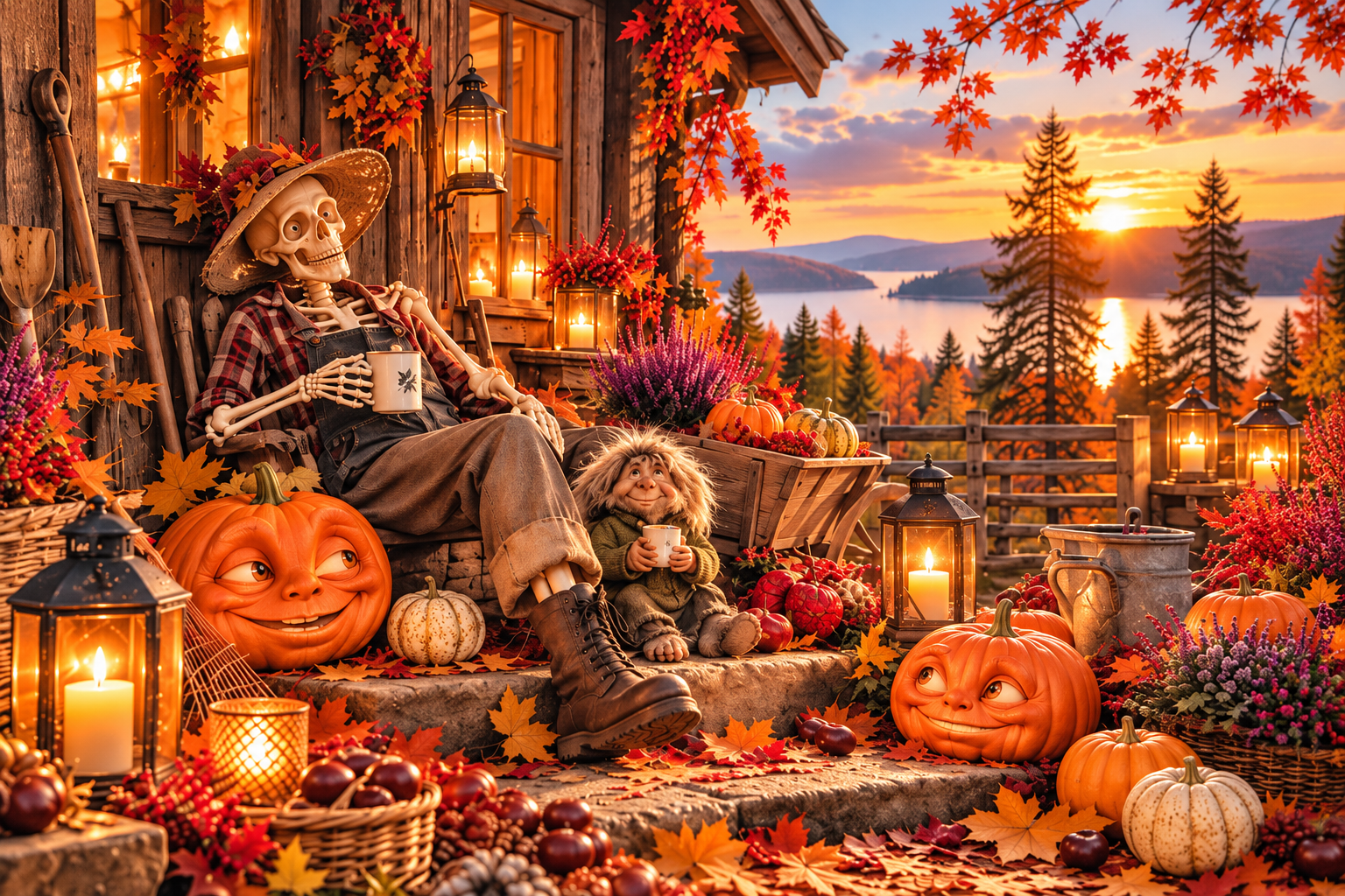 Herbstliche Kürbis- und Halloween-Szene mit Skelett, Troll und Kürbissen