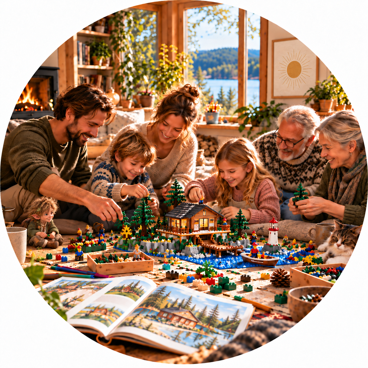 A family builds a LEGO landscape together, accompanied by a small woodland troll.