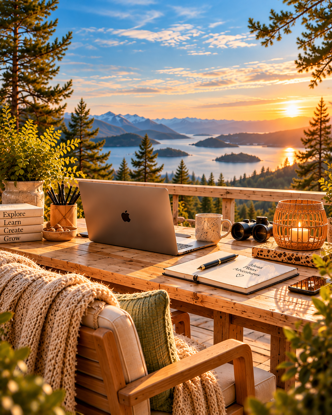 Laptop, Notizbuch, Fernglas und Laterne auf einem Holztisch mit Blick auf einen See und Berge im Abendlicht.