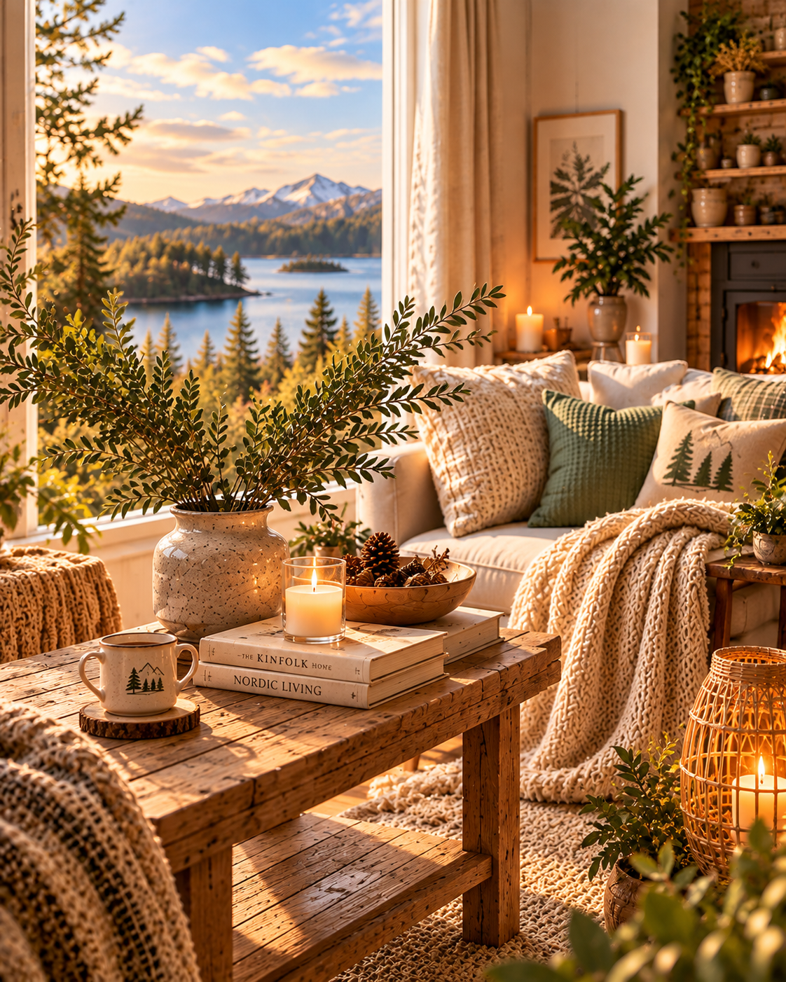 Sofa mit Strickdecken, Holztisch, Kerzen und Pflanzen vor einem Fenster mit Blick auf See und Berge.