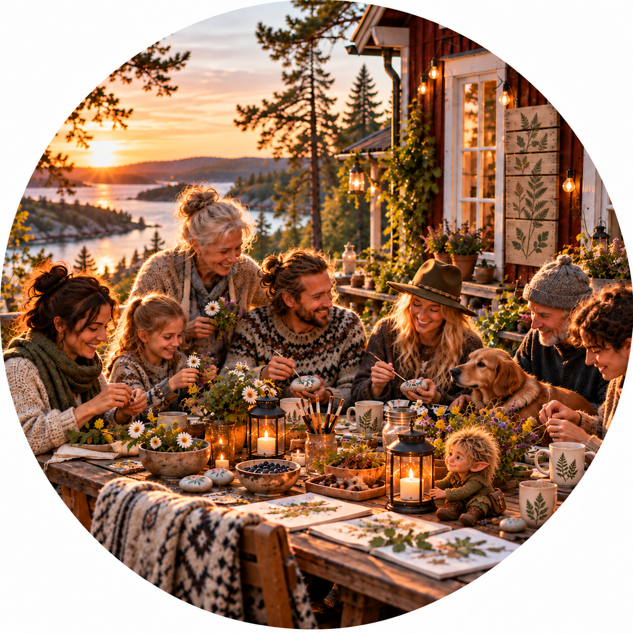 People create together using natural materials, accompanied by a small Francis Rise character.