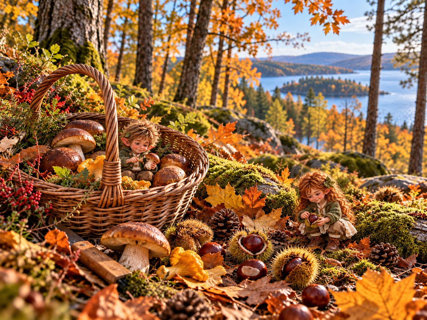A woodland troll among mushrooms, chestnuts and autumn leaves.