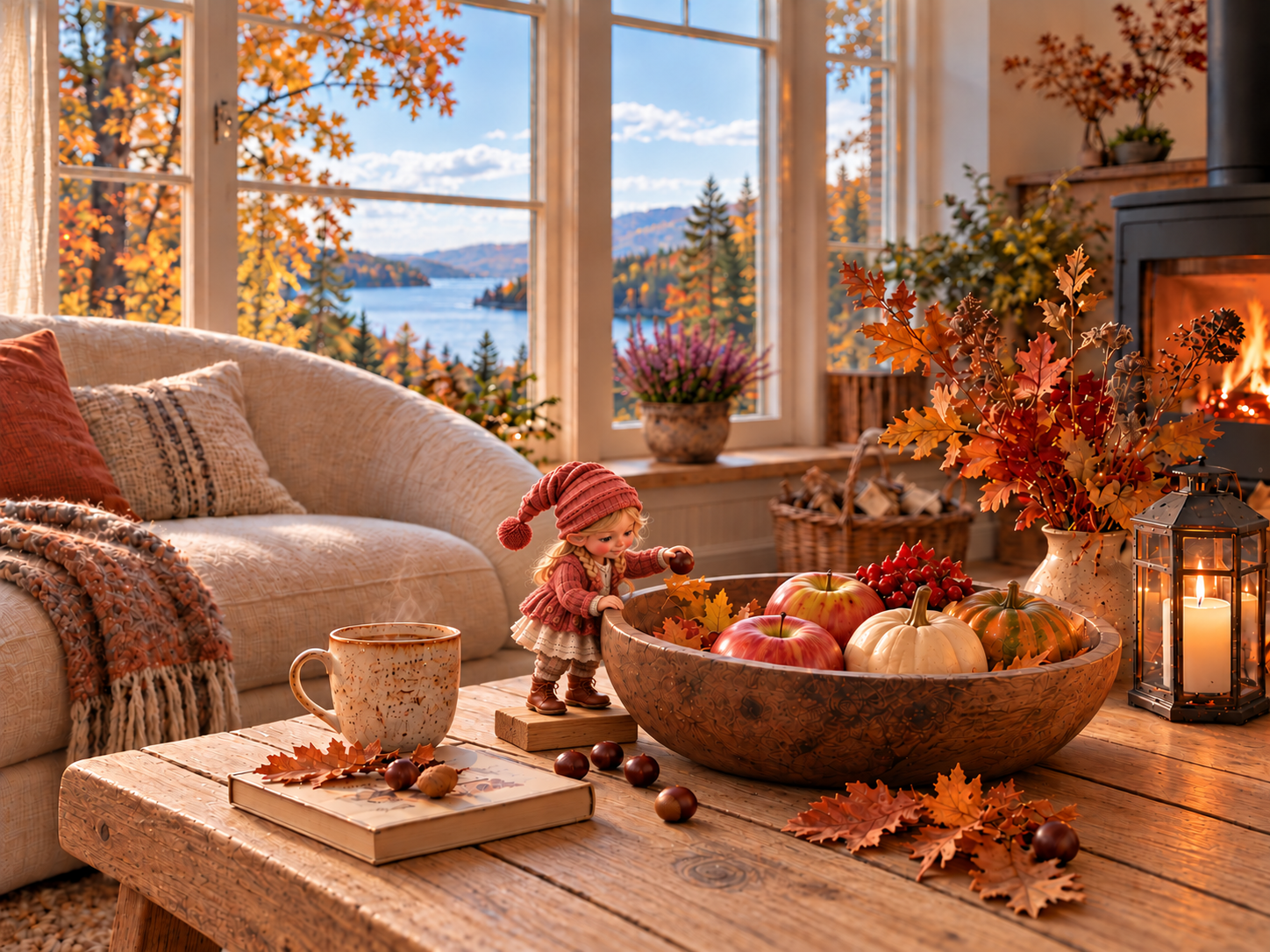A small character in an autumn living room with apples and a lantern.