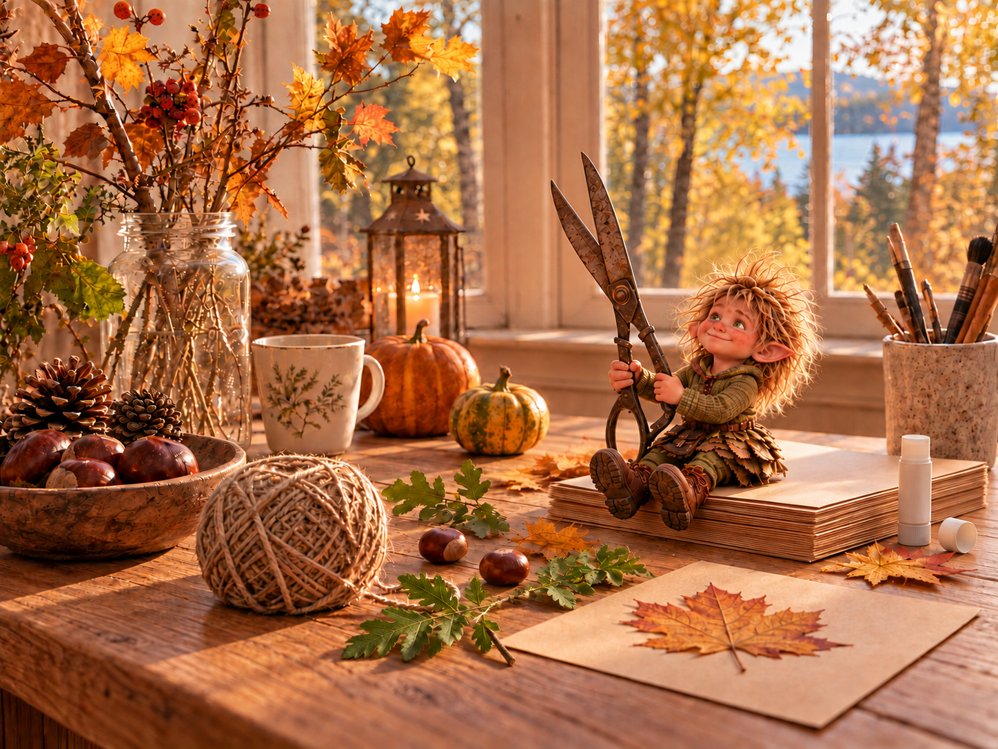Asger holding large scissors at an autumn craft table.