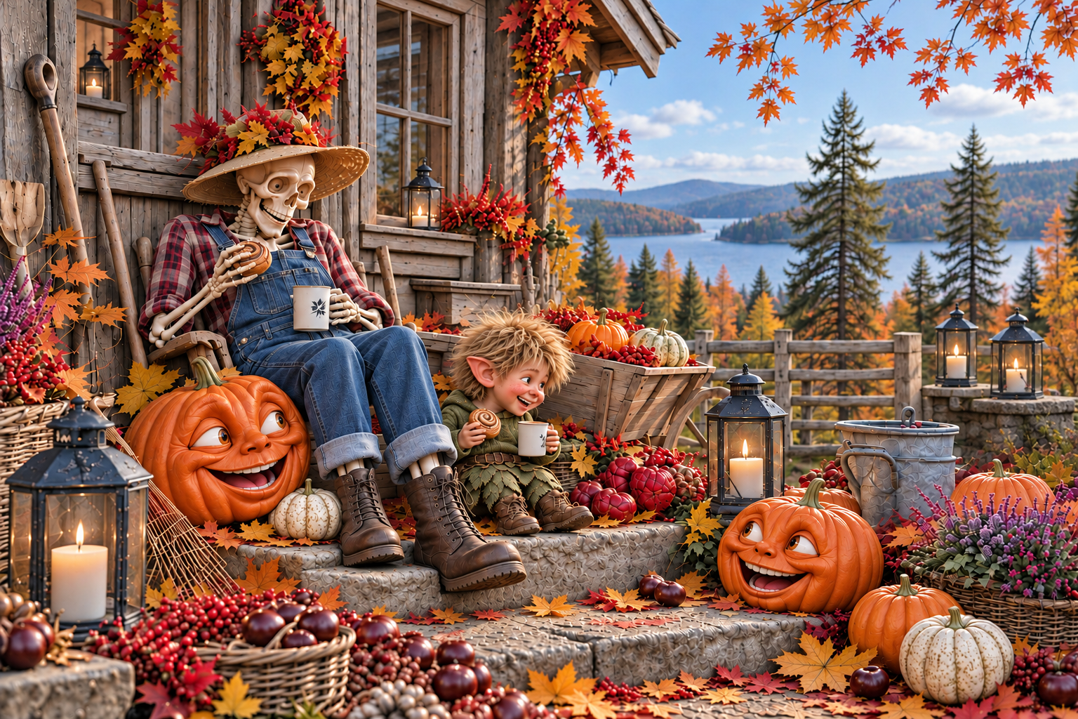 A skeleton and a woodland troll among pumpkins on an autumn terrace.