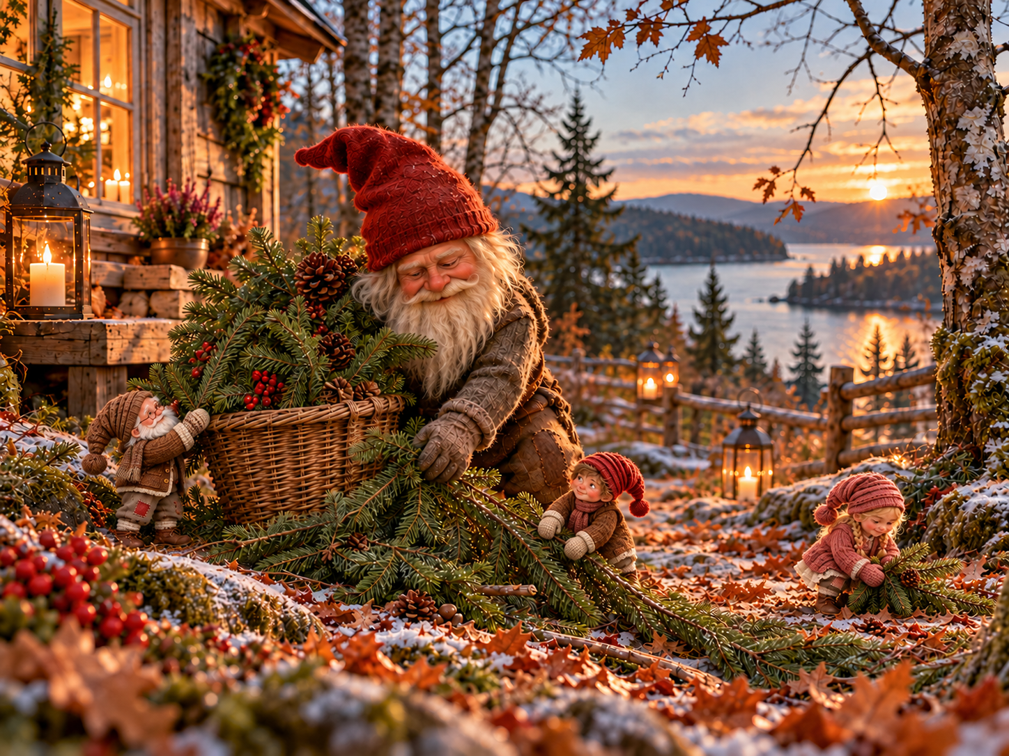 A nisse with a basket of evergreen branches at the autumn woodland edge.