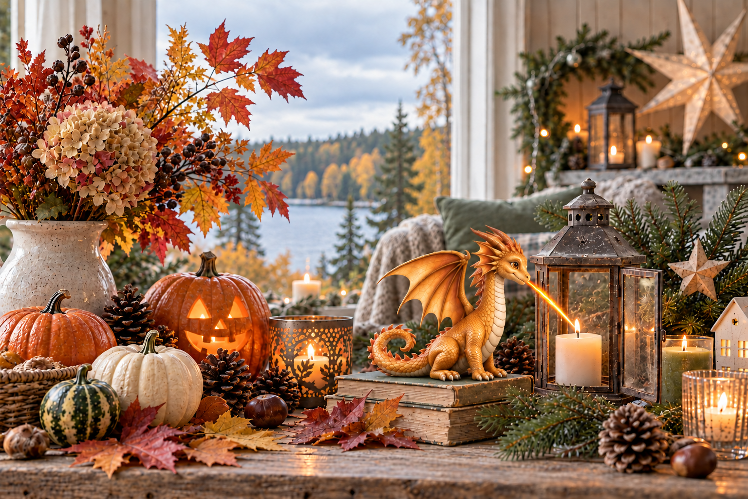Herbstliche Fensterbank mit Kürbissen, Laterne und Eira.