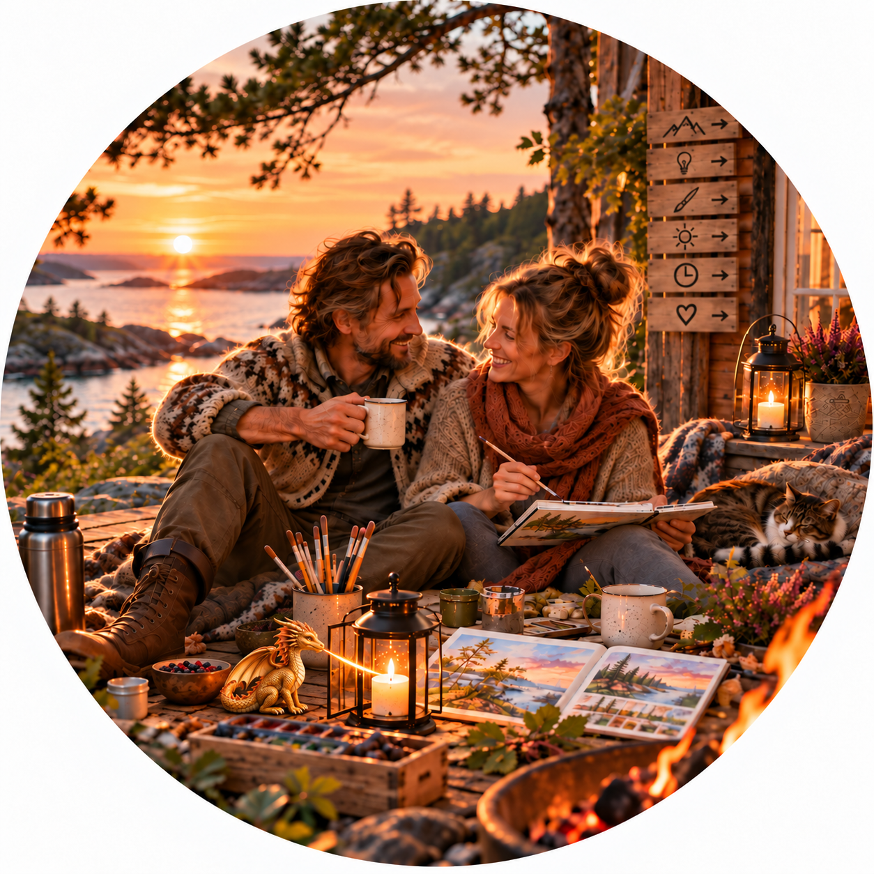 A couple spends creative time by the sea, with Eira beside a lantern in the foreground.