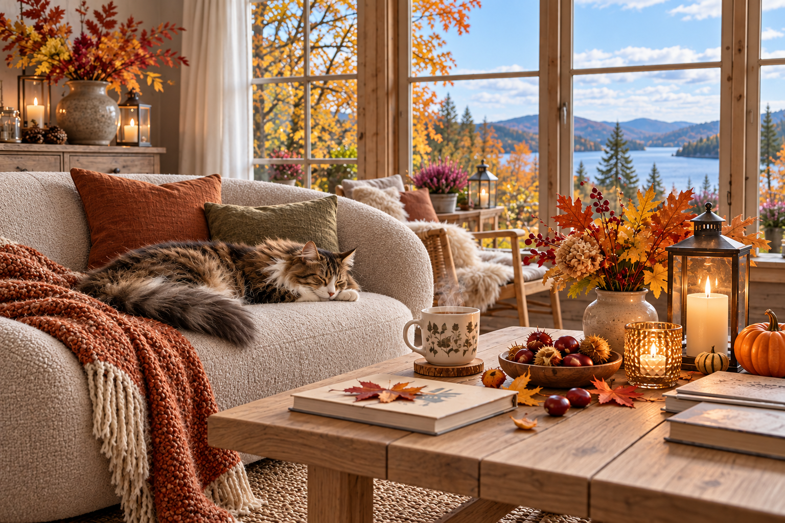 Autumn living room with a sleeping cat, candles and tea.