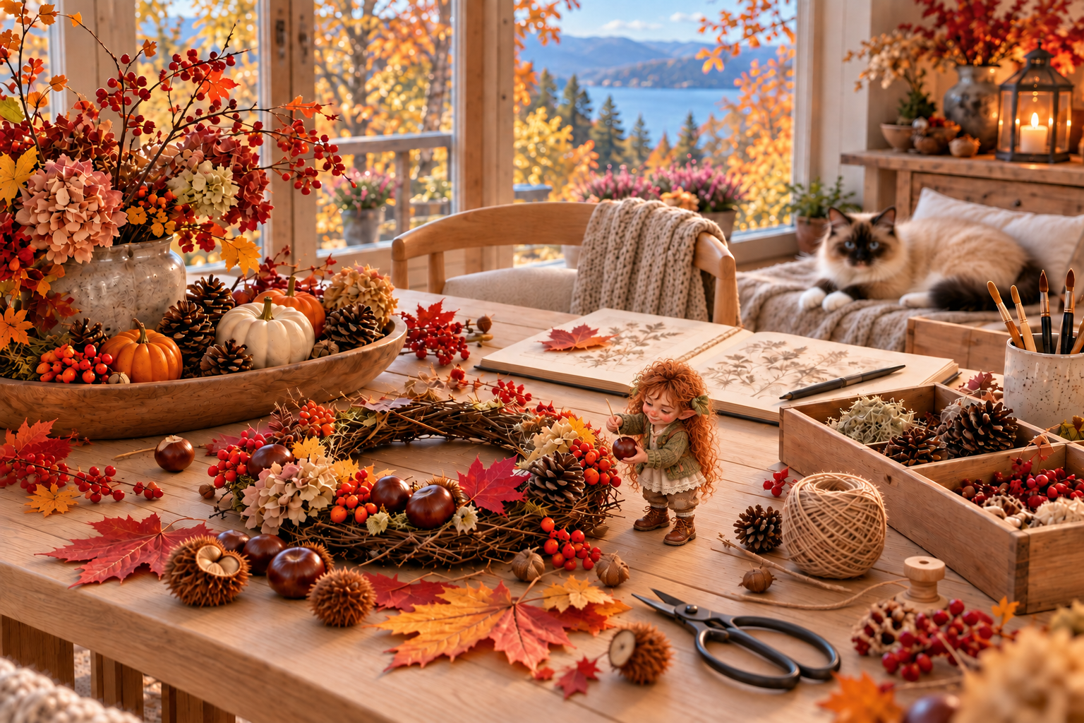 Autumn leaves and craft materials by the window with small characters.
