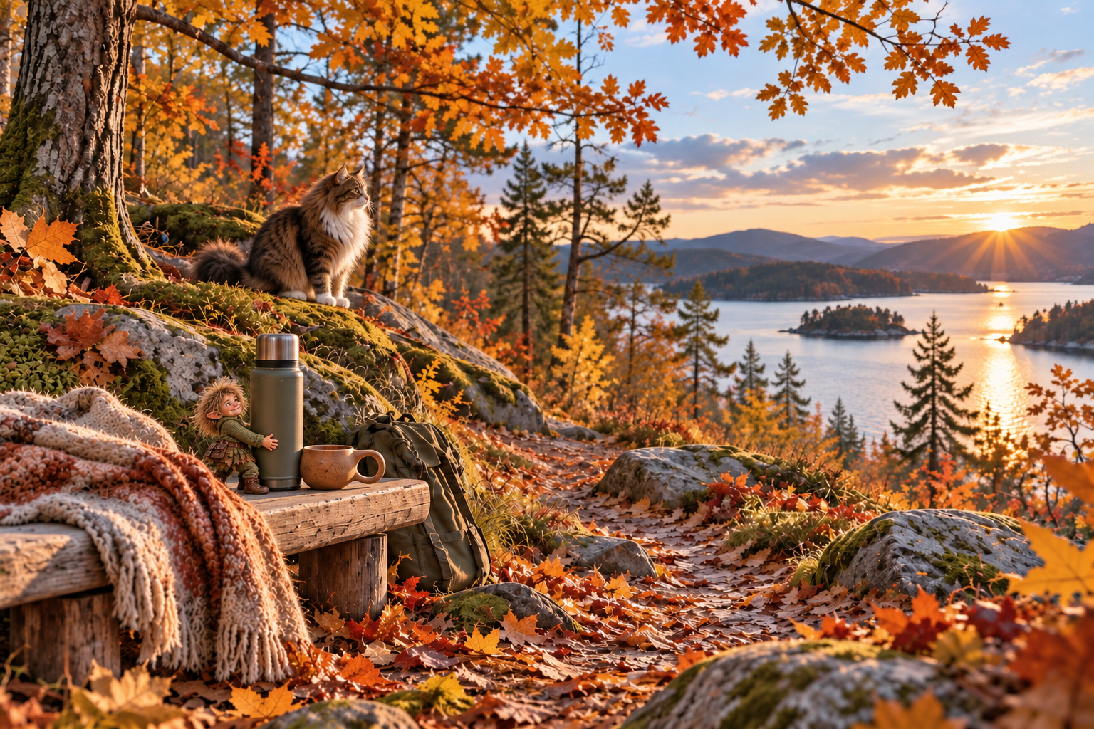 Autumn woodland seat with a blanket, flask and cat.