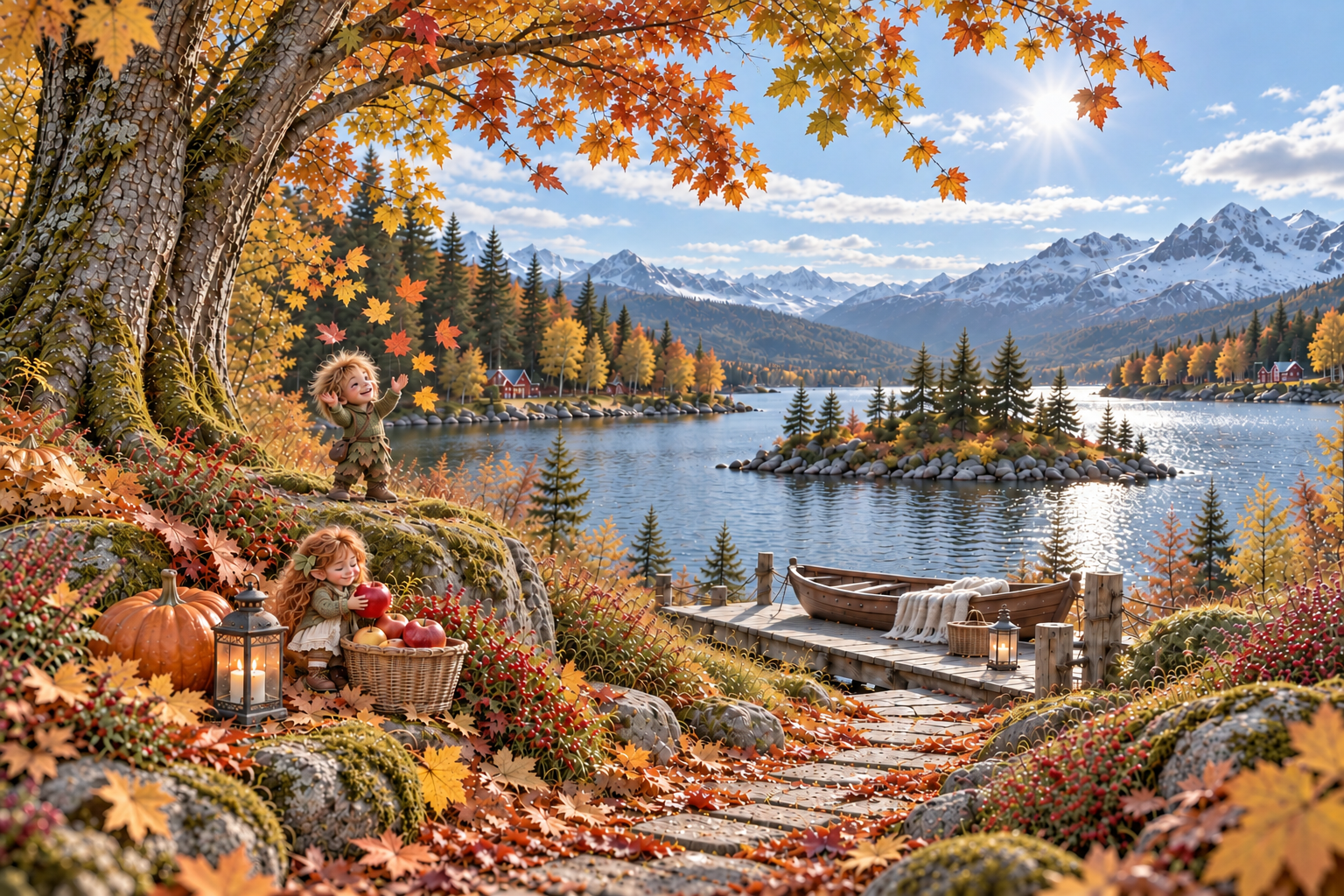 Autumn landscape with a lake, pumpkins and a small character.