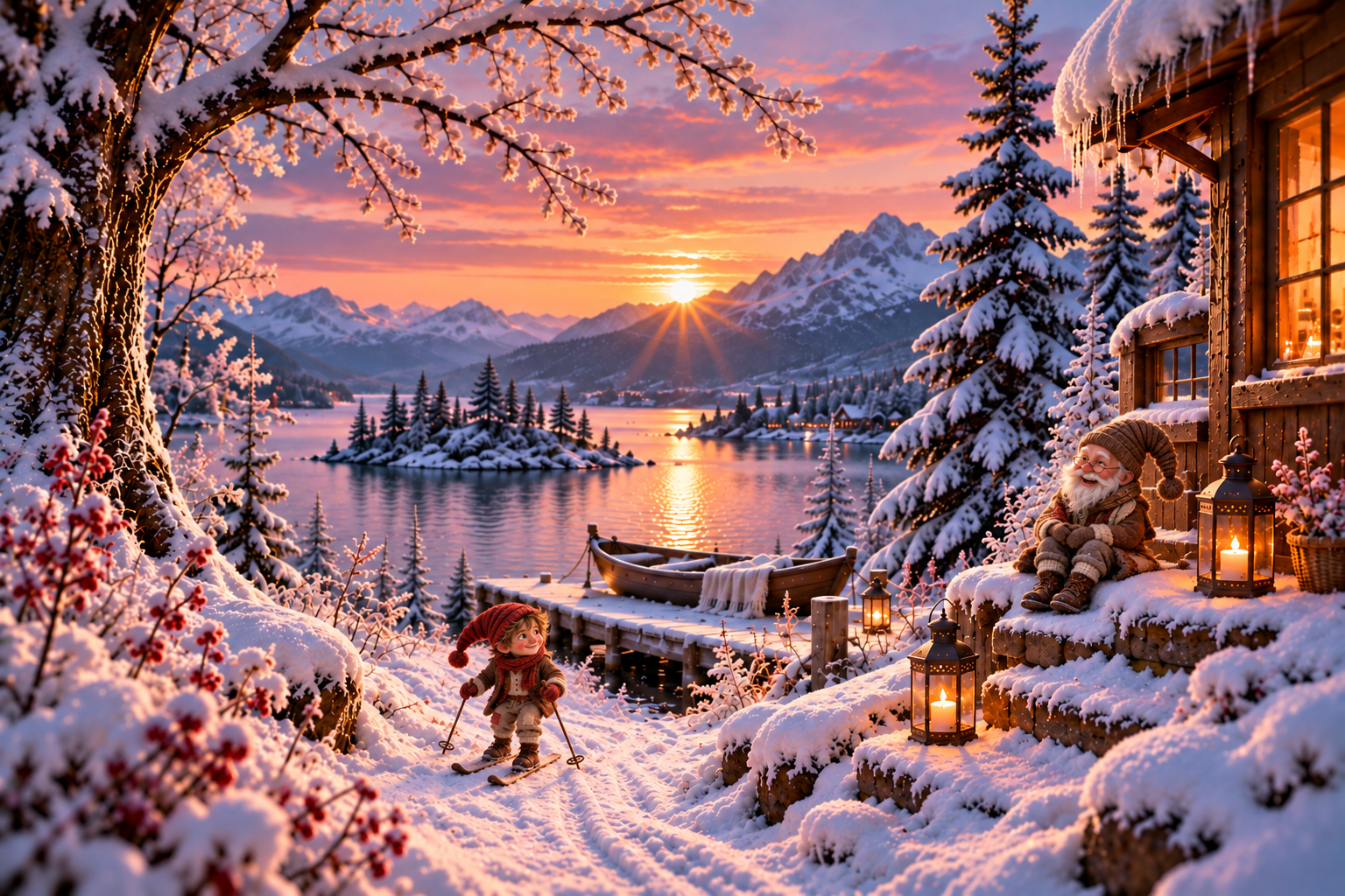 Snowy landscape with a warmly lit house and small characters.