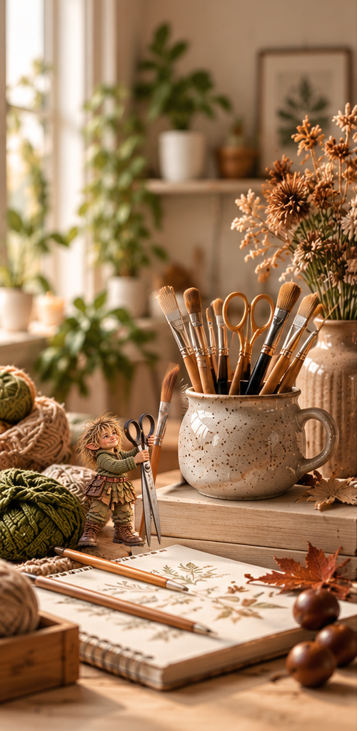 Asger stands with an oversized paintbrush and scissors beside a ceramic cup of brushes in a warmly lit craft scene.
