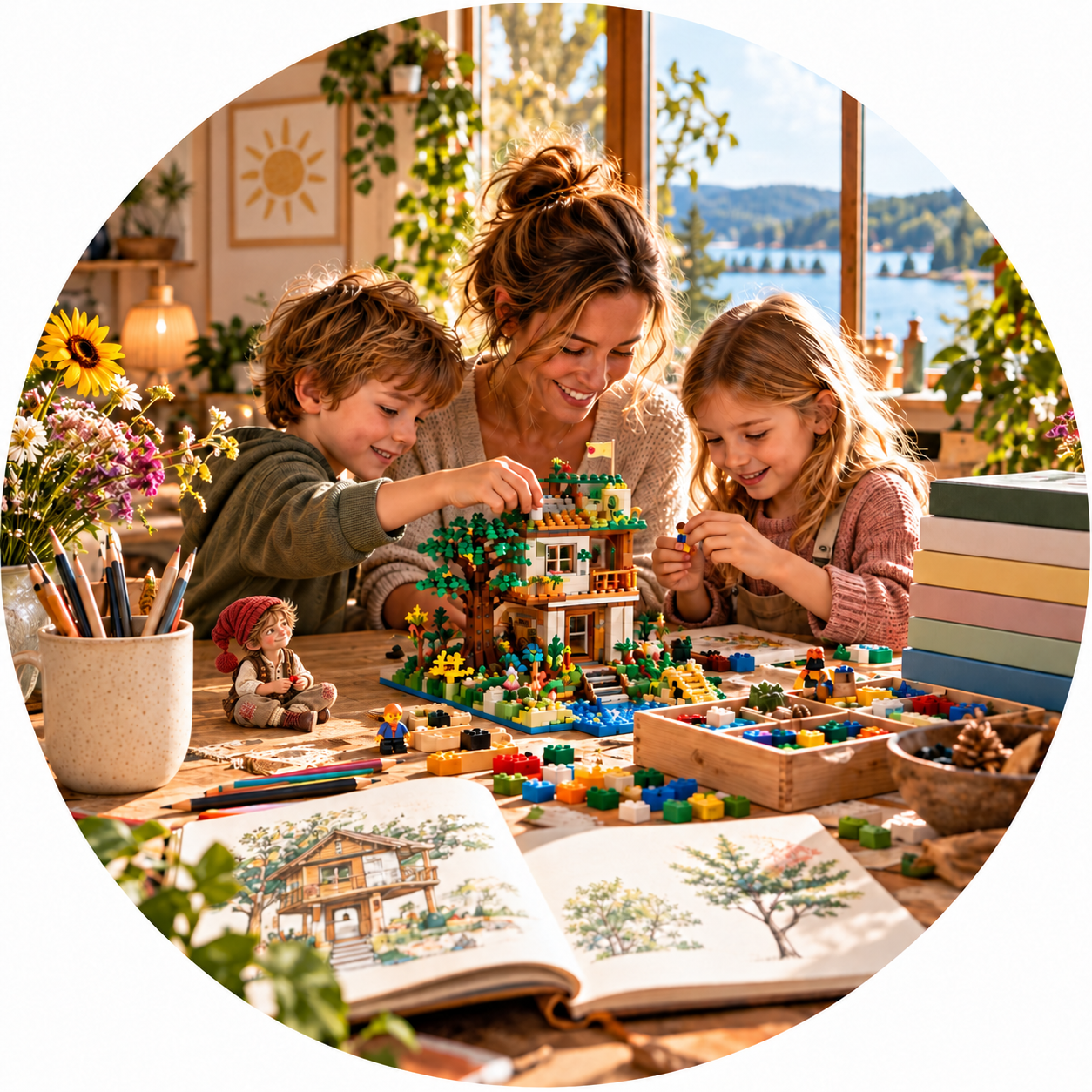Creative activities with children and a small Francis Rise character.