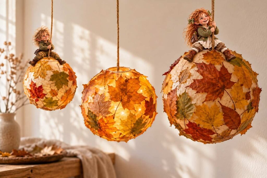 Asger und Saga mit drei leuchtenden Herbstkugeln aus Papier und Blättern.