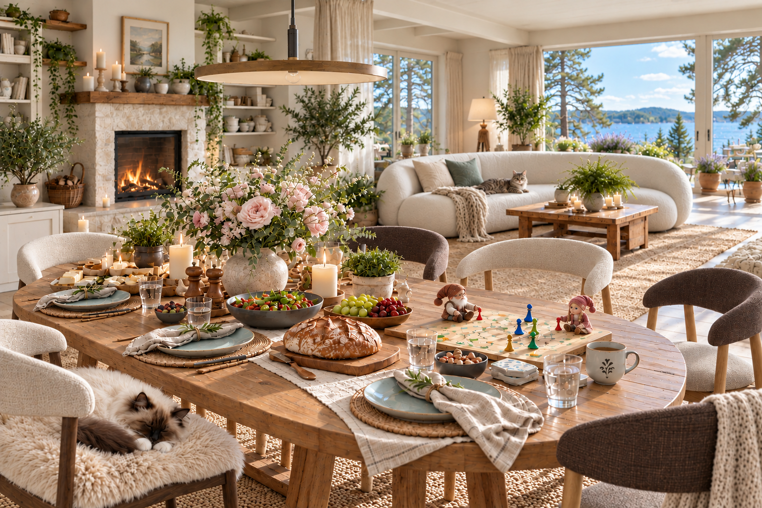A dining table set for a meal, with a board game and two small characters beside a cosy living area.