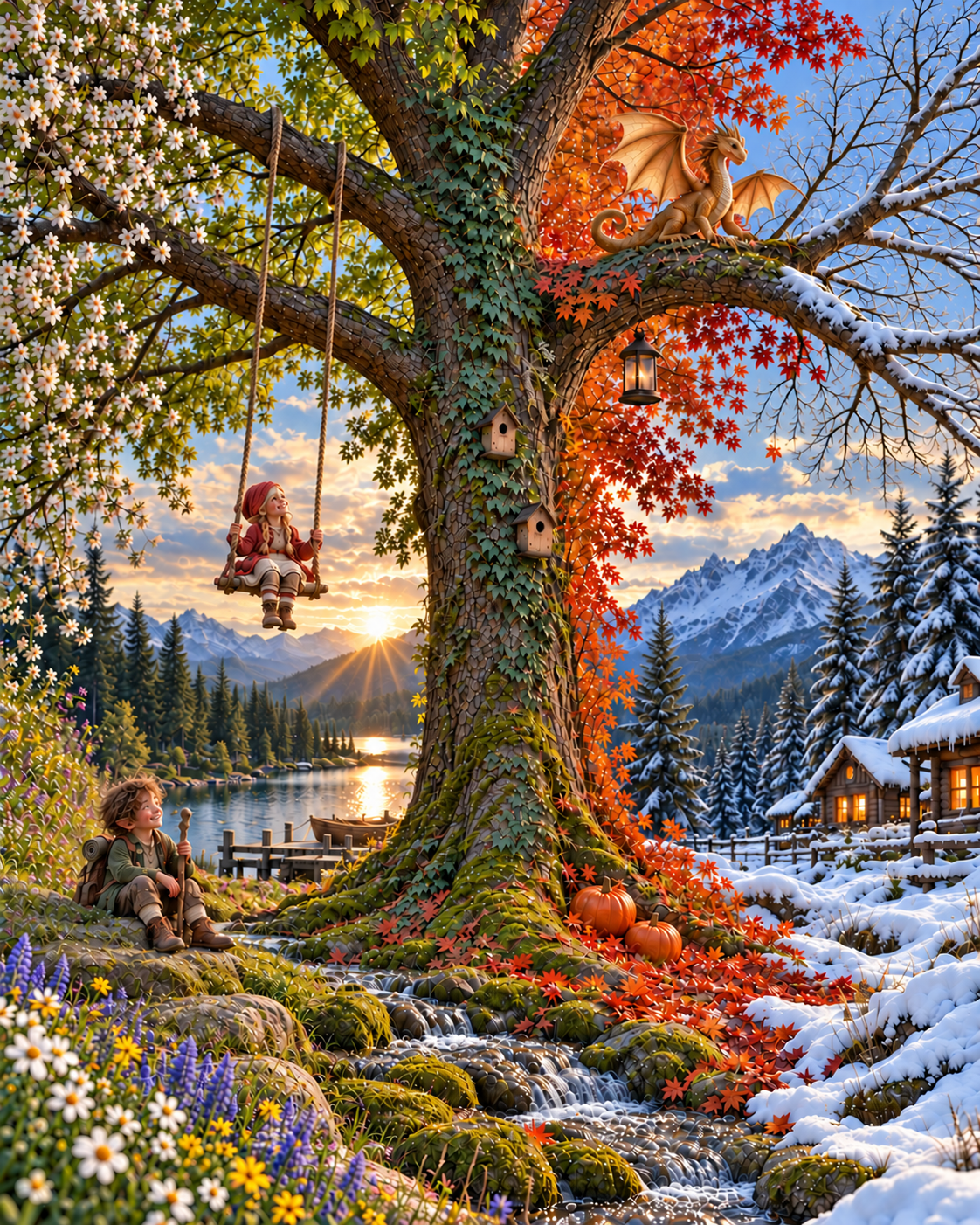Ein großer Baum in den vier Jahreszeiten: Alva auf einer Schaukel, Birk am Stamm und Eira auf einem Ast, umgeben von Blüten, Sommergrün, Herbstlaub und Schnee.